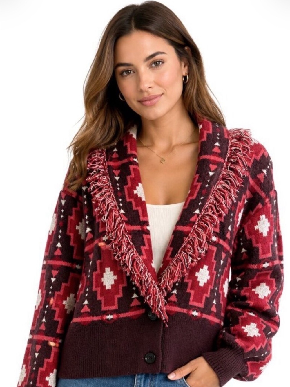 Shyanne Red, Brown & White Aztec Fringe Open-Front Cardigan size medium